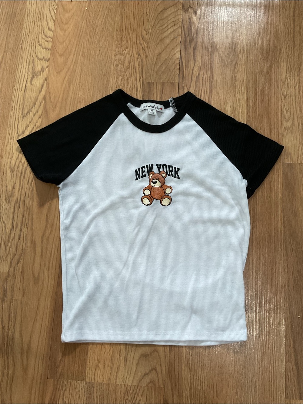 Kids White & Black Raglan Tee with Teddy Bear and 'New York'